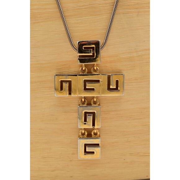 Givenchy Vintage Cross Necklace G Logo Chunky Gold Unisex Signed AS IS 80s Bin7A - Picture 1 of 12